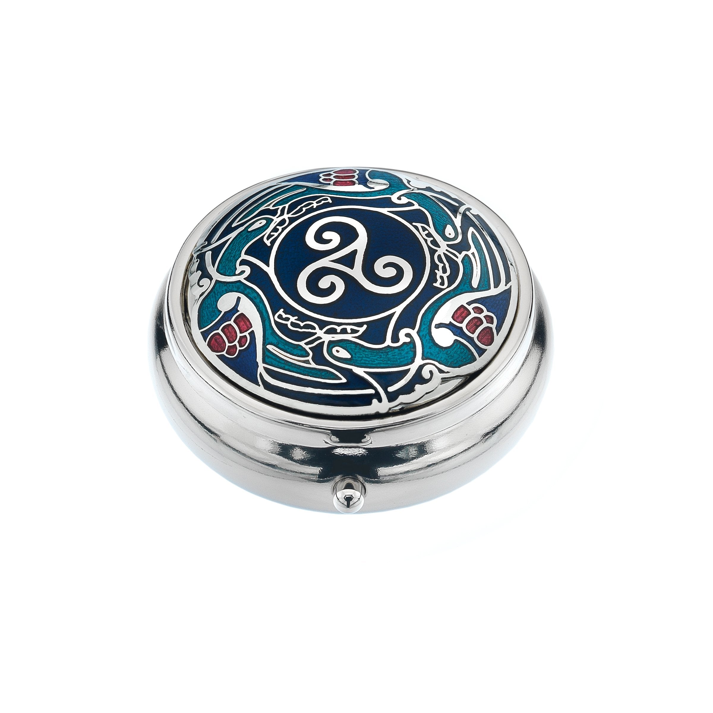 Blue Celtic Birds with a Triskele Centre Enamel Pillbox